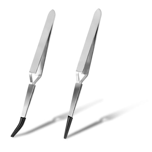 2pcs Craft Tweezers, Reverse Stainless Steel Cross Locking Tweezers Straight & Bend Curved Pointed Rubber Tips Soldering Tweezers Reverse Action Tweezers for Jewelry Making Crafting