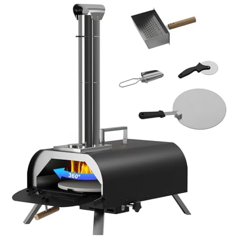LotFun Outdoor Pizza Oven with Manual Rotating System, 12" Portable Wood Fired Pizza Oven with Pizza Stone, Pizza Shovel and Pizza Cutter, Stainless Steel Pizza Oven for Backyard Patio Cover