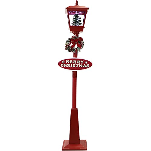 Fraser Hill Farm 71-in Musical Snowy Street Lamp in Red with Christmas Tree Scene, Cascading Snow,...