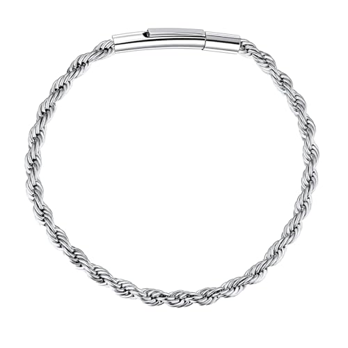 BBXBD Stainless Steel Mens Rope Link Bracelet Miami Chain Bracelets for Men 4mm Wide 7.5 8 8.5Inch Hip Hop Mens Bracelets Gift for Father Husband Son men chain