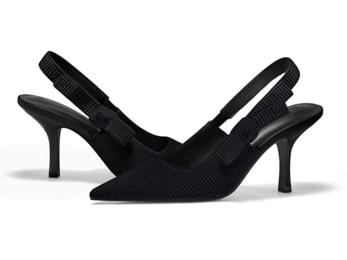 Image of Coutgo Womens Slingback Kitten Heels Closed Pointed Toe Bowknot Knitted Slip On Work Pumps Dress Shoes