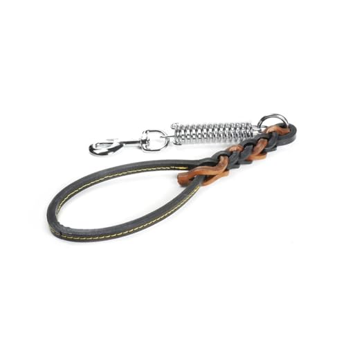 Record, Three Strand Handle, Leather Lead with Spring and Steel Snap Hook, Size S, Length 50 cm, Black and Beige
