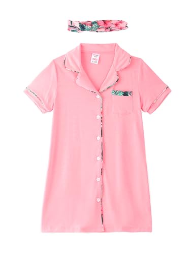 PATPAT Nightgowns for Girls with Headband Kids Short Sleeve Button Down Sleepshirt Dress Nightie Pajamas 5-12 Years