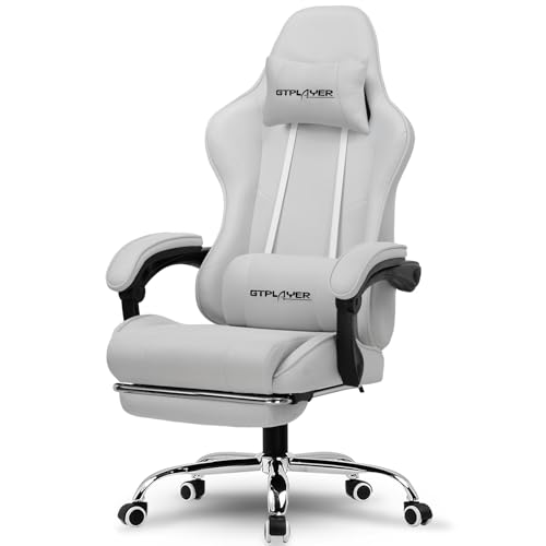 GTPLAYER Gaming Chair with Footrest, Computer Chair with and Lumbar Support, Height Adjustable Game Chair with 360°-Swivel Seat and Headrest and for Office or Gaming (All Light Gray-Fabric)