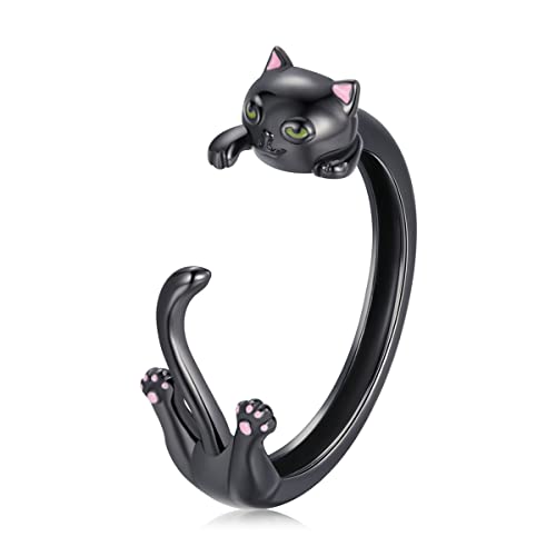 Rukyf 925 Sterling Silver Black Cat Rings With Black Gold Plating Dainty Stackable Adjustable Rings For Women Men Cute Cat Gifts For Cat Lovers #TOP5