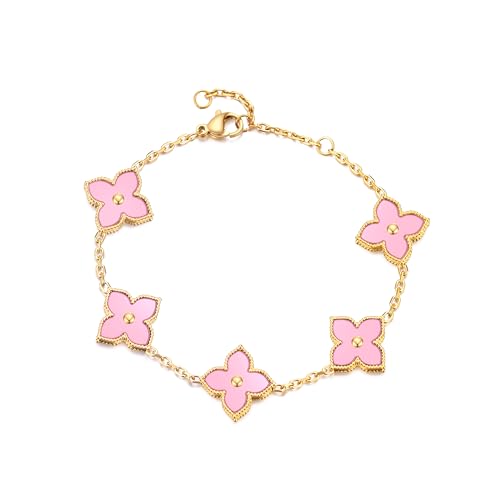 14K Gold Plated Clover Bracelet Dupes Stainless Steel Natural Shells Link Bracelet Jewelry