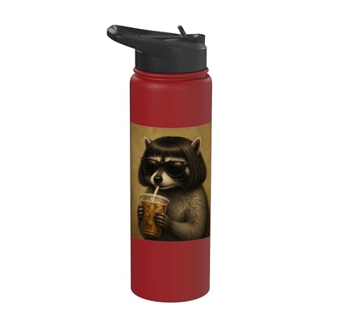 Raccoon With Bob Haircut Drinking Iced Coffee Trash Panda Stainless Steel Insulated Water Bottle