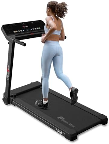 PowerMax Fitness TD-N1 4HP Motorized Treadmill for Home,Max Speed 12km/hr, Max User Weight 100kg, Pre-Set Workout, 1210X410mm Running deck Foldable cardio machine, LED, Bluetooth for app and Speaker