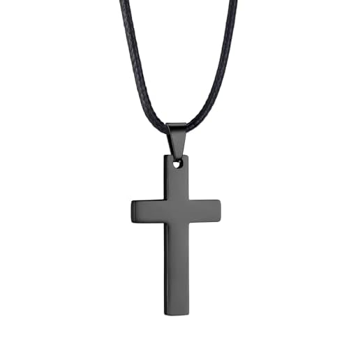 PROSTEEL Stainless Steel Pendant Necklace for Men Women, Cool Punk Shark Teeth Necklace, Cross Necklace, Star Of David Necklace, Black Leather Cord, Come Box B: Black-Cross 24.0 Inches