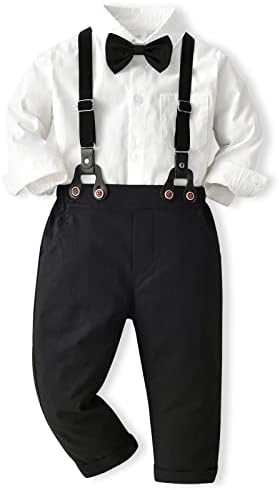 ALINTU Boys Dress Clothes, Long Sleeve Dress Shirt + Suspender Pants Set, Gentleman Outfits for Boys, Black, 18-24 Months = Tag 90