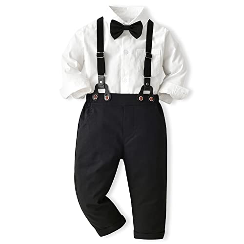 ALINTU Boys Dress Clothes, Long Sleeve Dress Shirt + Suspender Pants Set, Gentleman Outfits for Boys, Black, 18-24 Months = Tag 90