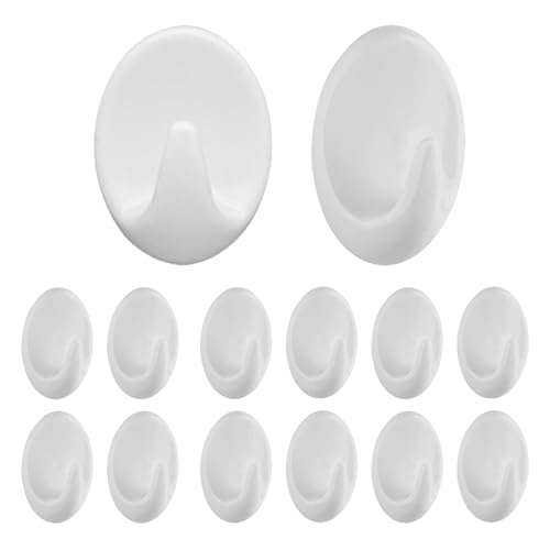 TreeTribe 14 PCS Self Adhesive Plastic Wall Hooks,Multi Function SelfAdhesive Hook,Oval AdhesiveHooks Small Extra Sticky White Stick on Hooks for Hanging No Drilling Kitchen Bathroom