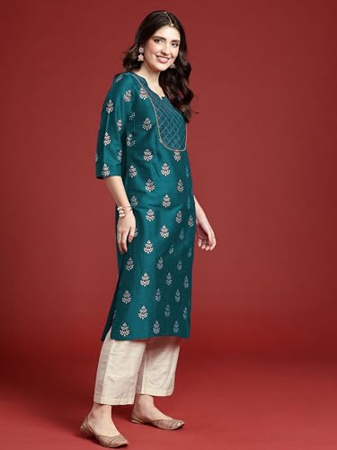 Image of Women's Embroidered Kurti, Ethnic Floral Motif Print, 3 /4 Sleeves, Side Slit