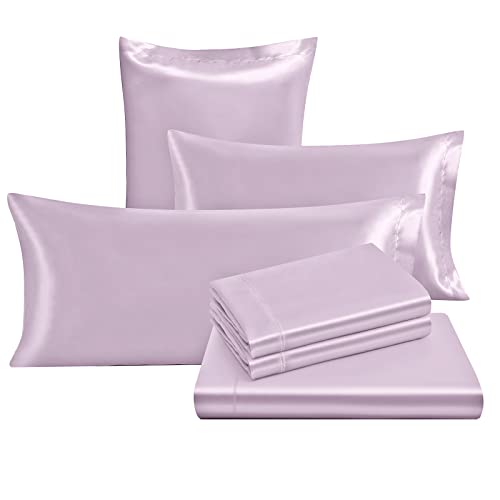 Image of Ersmak 4 Pieces Satin Sheets Set Twin Size, Luxury Silky Lavender Satin Bed Sheets Set with 1 Deep Pocket Fitted Sheet, 1 Soft Flat Sheet, 1 Queen Pillowcases and 1 Body Pillowcase