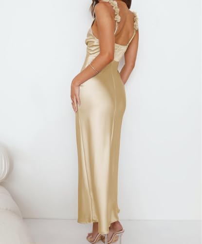 Image of Phicia Summer Satin Spaghetti Strap V Neck Midi Dresses for Women Wedding Guest Elegant Flower Backless Cocktail Formal Dress
