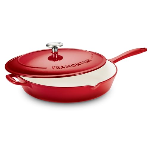 Image of TRAMONTINA Bestow Fry Pan 30 cm with Lid | Enameled Cast Iron Cookware | Even Heat Retention | Low Oil Healthy Cooking | No Seasoning Required | Stainless Steel Knob | All Cooktops Compatible | Red