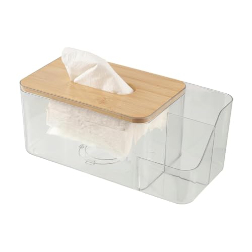 Image of 2-in-1 Tissue Box Holder with Side Storage | Transparent Plastic Tissue Organizer with Bamboo Lid | Multipurpose Desk & Bedside Storage for Remote, Mobile, Mask (Clear - 23.9 x 11.7 x 9.8 cm)