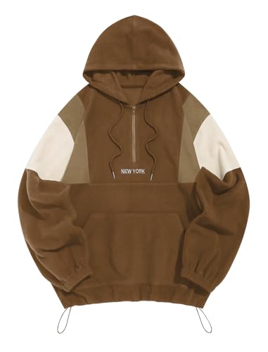 ZAFUL Men's Colorblock Sweatshirt NEW YORK Embroidery Fluffy Polar Fleece Half Zip Unisex Hooded Sweatshirt