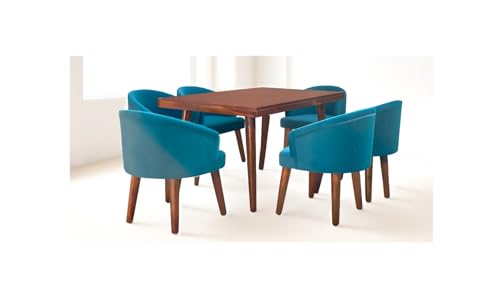 Image of DaneWood Wooden Dining Table 6 Seater | Six Seater Dinning Table with 6 Upholstered Dining Chairs | Dining Room Sets for Restaurants | Sheesham Wood | Honey Finish & Blue Velvet Fabric Chairs