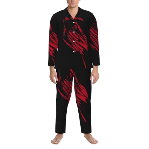 Red Grim Reaper Mens Pajamas Set Button Down Sleepwear Set Long Sleeve Loungewear With Pockets