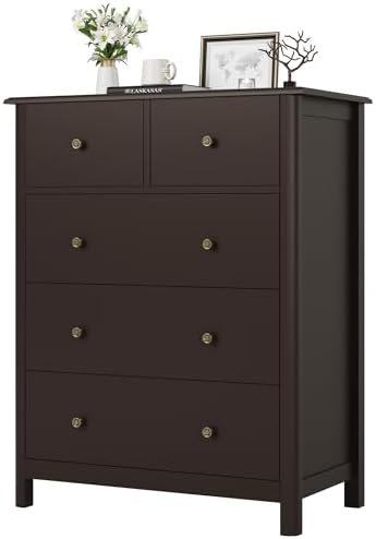 HOUSUIT Dresser with 5 Drawers, Tall Chest of Drawers, 5 Drawer Dresser with Deep Space, Wood Storage Cabinet for Living Room, Hallway, Office, Dark Brown