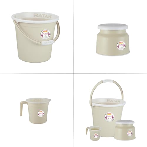 Image of RATAN PLASTICWARE Plastic Bathroom Set of 3 Pieces Combo Pack Gloria Plain 18 Liters Bucket + Nova Stool Patla 107 + Gloria Plain Bath Mug 1 Liter Color Twist Beige