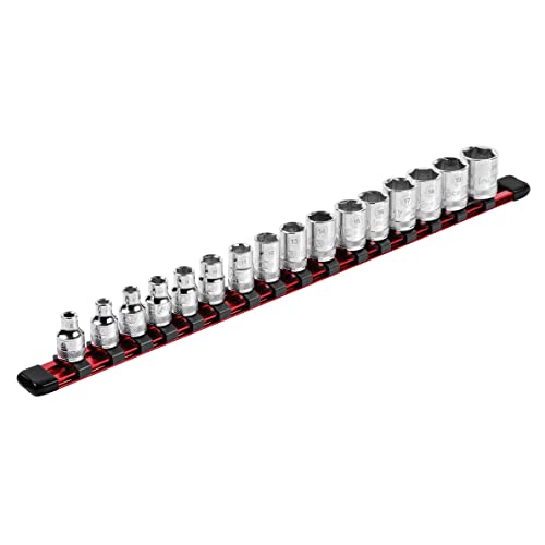 ARES 70202-3/8-Inch Drive Red Aluminum Socket Organizer - Store up to 16 Sockets and Keep Your Tool Box Organized - Sockets Will Not Fall Off this Rail