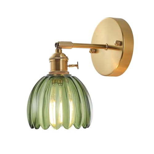 Image of Vintage Wall Sconces with Gold Finish, Adjustable Arm, Ribbed Glass Shadewall Light fixtures Wall Lights for Bedroom, Living Room, Hallway, or Bathroom (Green)