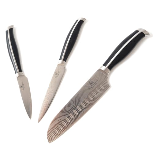 French Culinary Institute Premium 3-Piece Damascus Knife Set with Blade Protectors, Black Handle