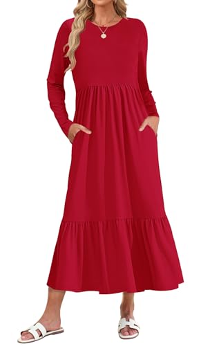 AUSELILY Womens Fall Dresses 2024 Long Sleeve Maxi Dress Casual Crewneck Flowy Tiered Wedding Guest Dress with Pockets, Red L