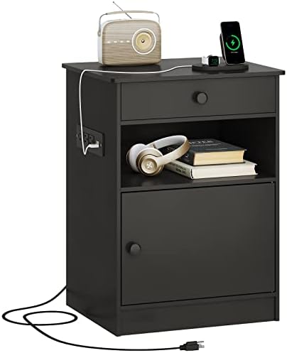EPHEX Nightstand with Charging Station and USB Ports, Modern End Table with Drawer and Storage Cabinet, Accent Side Table with Open Shelf for Bedroom, Black