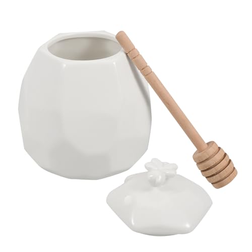 LOLIPPYY Tarro de Miel de Cerámica con Tapa y Cucharón de Madera Recipiente para Miel y Jarabe de Sobremesa Dispensador Práctico para Cocina y Mesa 1 Pieza