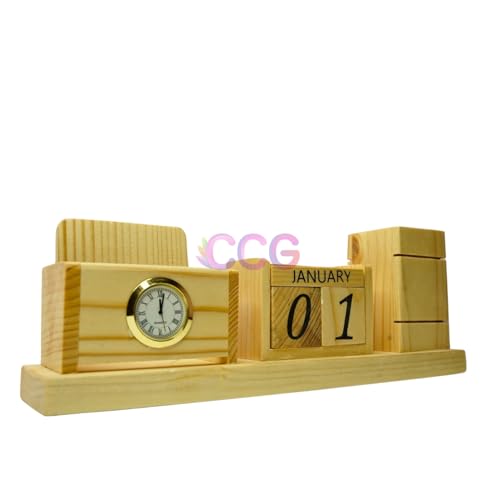 Image of CRAFT CLOSET & GIFTS Customized Steam Breech Wooden Office Study Desk Supplies Organizer Stand with Clock, Calendar, Pen /Pencil Holder & Phone /Card Slot For IAS, Advocates, Office & Corporate Gifts