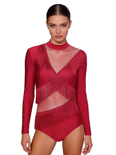 Justaucorps danse paillettes body danse jazz latine manches longues frangé CHICTRY