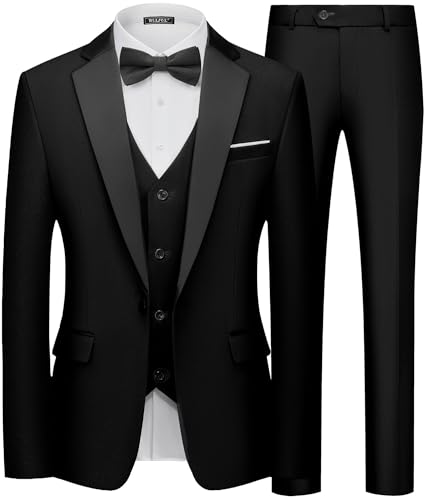 Lista de Pantalones de esmoquin para Hombre los más solicitados. 43 WULFUL - Conjunto de 3 piezas de traje de esmoquin para hombre, ajuste delgado, con un botón, chamarra y chaleco, para bailes, negocios, Solapa de muesca negra, 3X-Large