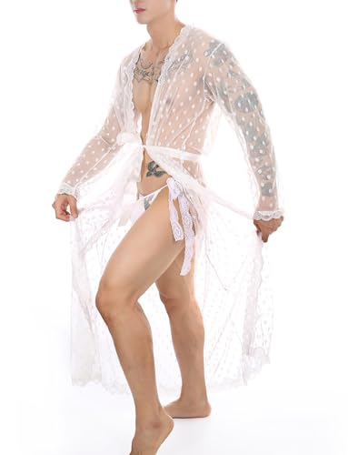 FEOYA Men Lace Floral Lingerie See Through Mesh Robe and Panty Set Bathrobe Nightgown Sleepwear2