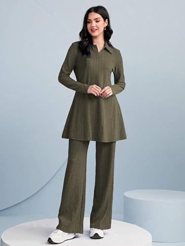 Image of TADKEE Women's Solid Color Two-Piece Set | Long Sleeve Top & Wide Leg Pants Co-ord Set | Casual Wear Co ord Set