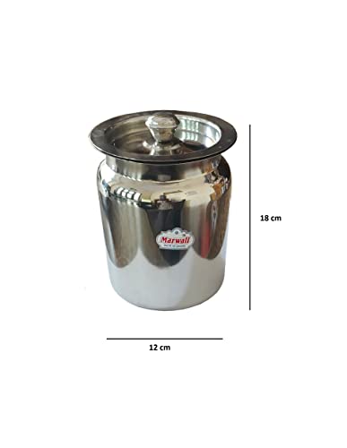 Image of Stainless Steel Glossy Finish Oil Ghee Dani Barni Dabba Dibba Storage Jar Serving Container Pot with Lid for Home Kitchen Mandir (1.5 Litre)