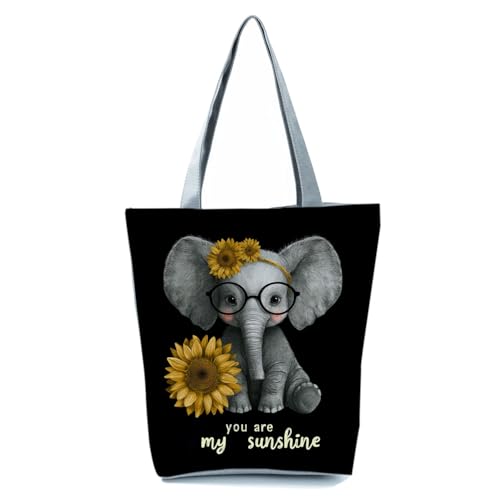 Bolso tote con estampado de elefante y girasol, con cierre de cremallera, para mujeres, ideal como regalo de cumpleaños o para uso diario miniatura 1