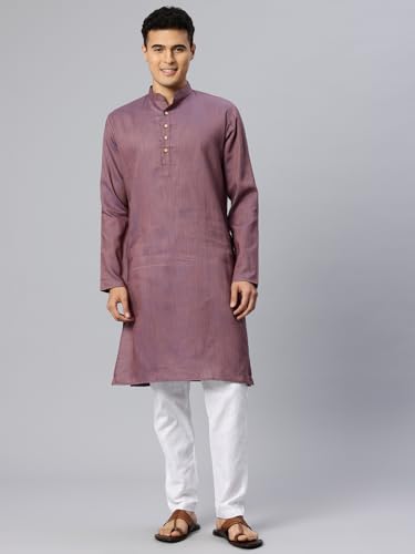 Image of Majestic Man Men's Cotton Regular Fit Traditional Mandarin Collar Ethnic Motifs Solid Long Kurta