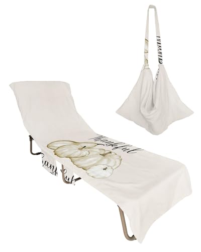 Thanksgiving Pumpkin Beach Chair Towel Covers for Chaise Lounge with Side Pocket, Soft Plush Pool Towels Cover for Patio Sunbathing Outdoor 29''x85'' Harvest Fall Festival Give Thanks White
