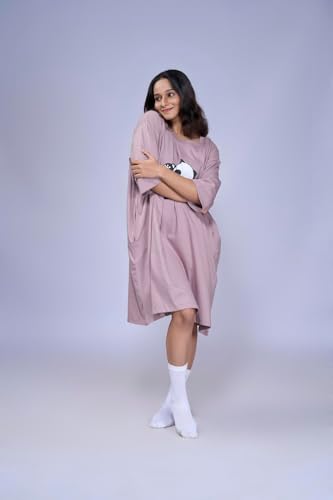 Image of LAMA STORE Women's Printed Oversized T-Shirt Dress, Cotton, 3 /4 Sleeve Length, Casual Loose Fit, Comfort Wear Extra Comfy Oversized Printed Pocket T-Shirt Dress
