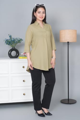 Image of Mlada Rayon Flare Top for Women | 3 /4th Sleeve Regular Fit and Flare Top | Women Office Tops Tunic | Western Long Shirt Top for Women | Shirt Collar Top for Women | Rayon Tunic Tops for Women Western