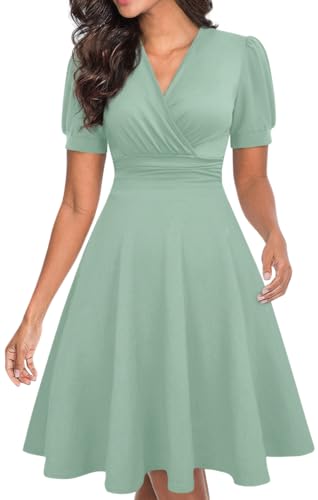 Image of Women's Summer Casual Dress Short Sleeve Wrap V-Neck A-Line Dress Sundress Wedding Guest Cocktail Midi Dresses