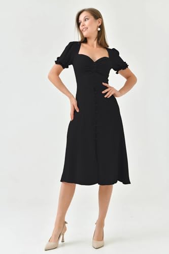 Image of Shasmi Girl's & Women's Solid Midi Dress - Elegant Square Neck Button-Down Dress with Puff Short Sleeves | Stylish Casual & Party & Office Wear Outfit (Dress 105)