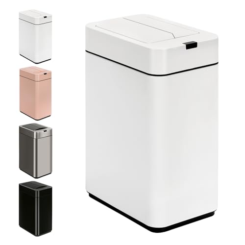 SYNCVIBE Slim Bathroom Trash Can, 2.6 Gallon, Butterfly Sensor Lid, White | Stainless Steel Garbage Can, Automatic Trash Bin, IPX5 Waterproof Wastebasket for Under Counter and Small Spaces