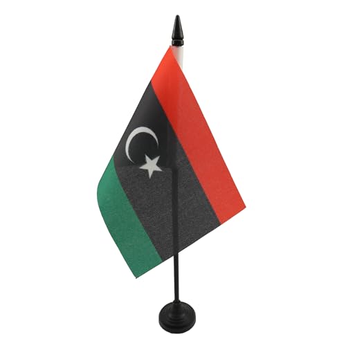 AZ FLAG - Drapeau De Table Libye - 15x10 cm - Mini Drapeau Libyen De Bureau 100% Polyester Avec Hampe De 25cm Et Socle En Plastique Noir