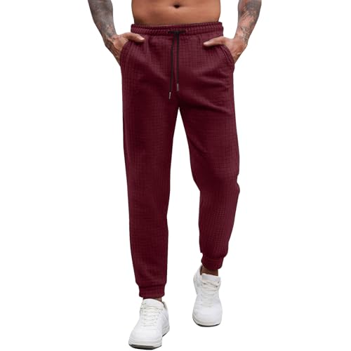 Cambkatl Men’s Waffle Sweatpants Stretchy Elastic Waist Athletic Joggers Jacquard Workout Lounge Pants with Pockets