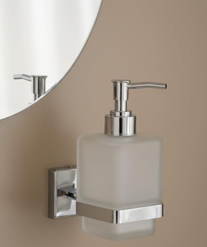 Image of EASYHOME FURNISH Premium Wall-Mounted Liquid Soap Dispenser for Bathroom and Kitchen | Frosted Glass Bottle with Rust-Proof 304 Stainless Steel Holder & Chrome Finish Pump