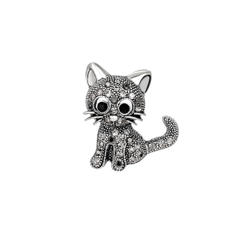 Cute Cat Broochs Pins For Women Vintage Animal Rhinestone Brooch Pin Gold Silver Cat Lapel Dress Suit Jackets Hat Scarf Brooch Pin Cats Decoration Lady Gifts (Silver)